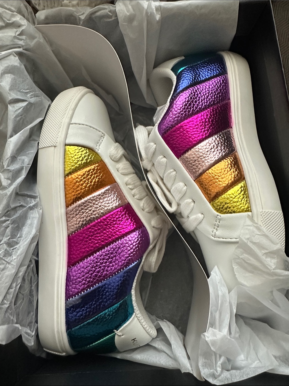 Kurt Geiger White Sneakers with Metallic Rainbow Stripe Panels